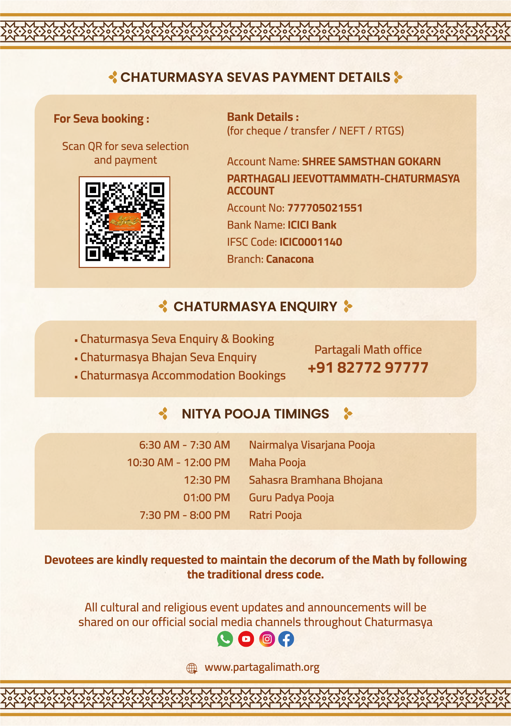 Payment Details, Enquiry & Nitya Pooja Timings